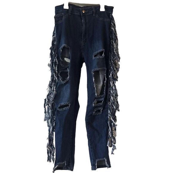 United We Stand Fringed Distressed Jeans Jr Womens Sz 15 USA Festival Boho Denim - Picture 1 of 14